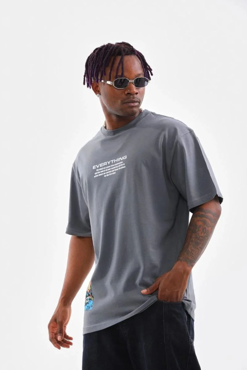 Erkek Tişort  Bisiklet Yaka Baskılı Oversize T-Shirt - Gri