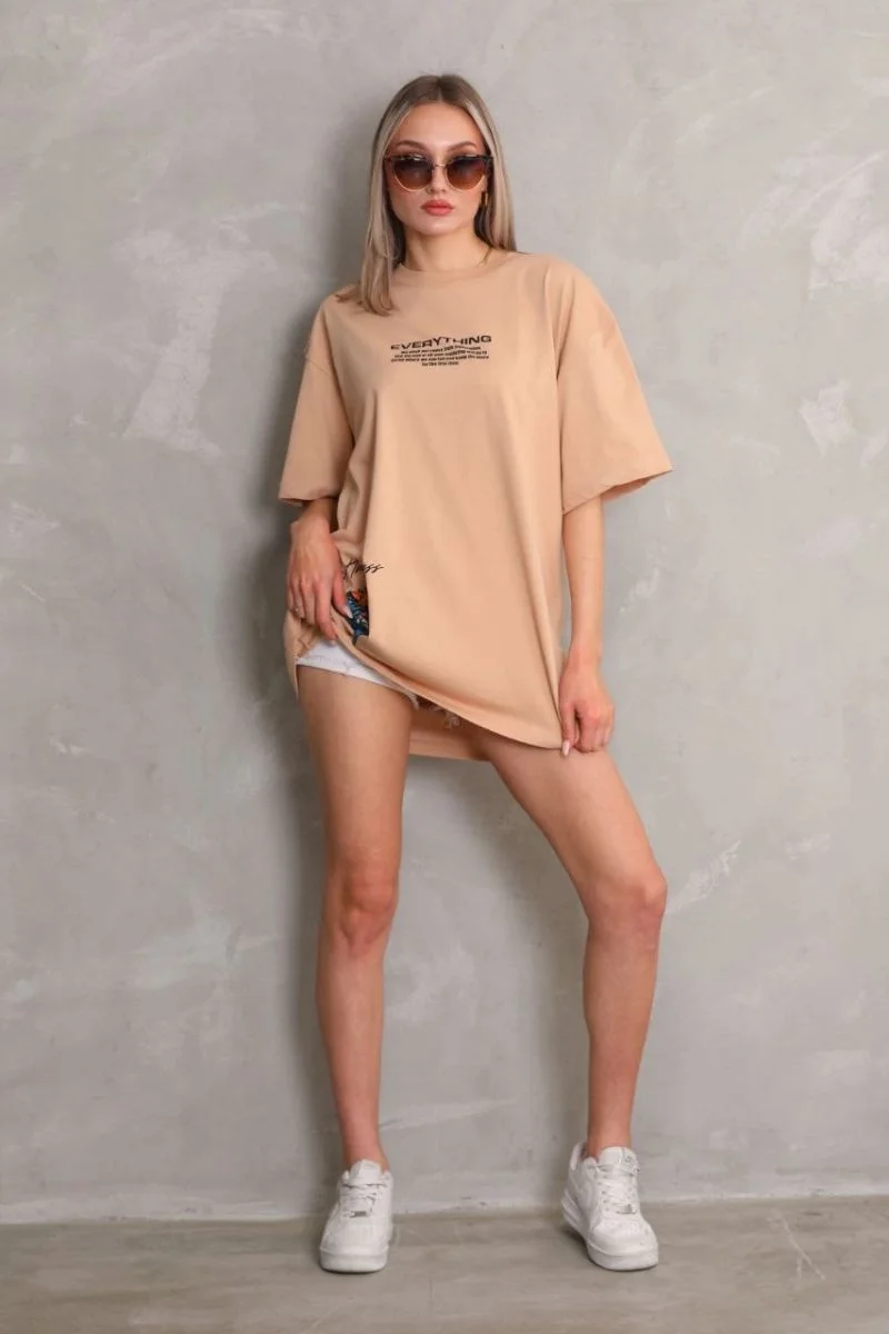 kadın Bisiklet Yaka Baskılı Oversize Kısa kol T-Shirt - Bej