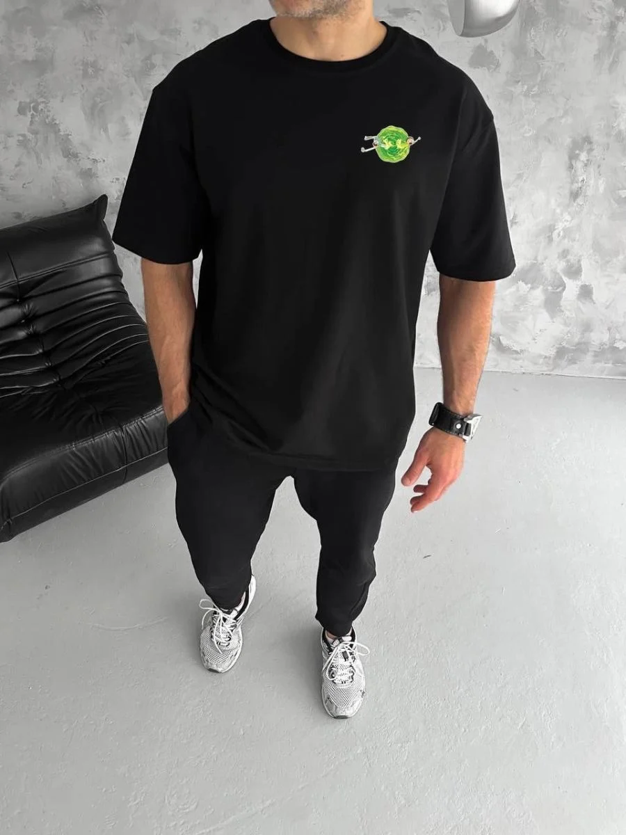 Erkek Kısa Kol Tişört Bisiklet Yaka RİCK AND MORTY Baskılı T-Shirt - Siyah
