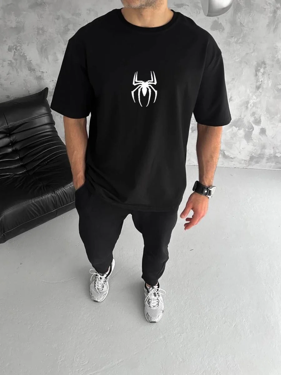 Erkek Kısa Kol Tişört Bisiklet Yaka ÖRÜMCEK Baskılı Oversize T-Shirt - Siyah