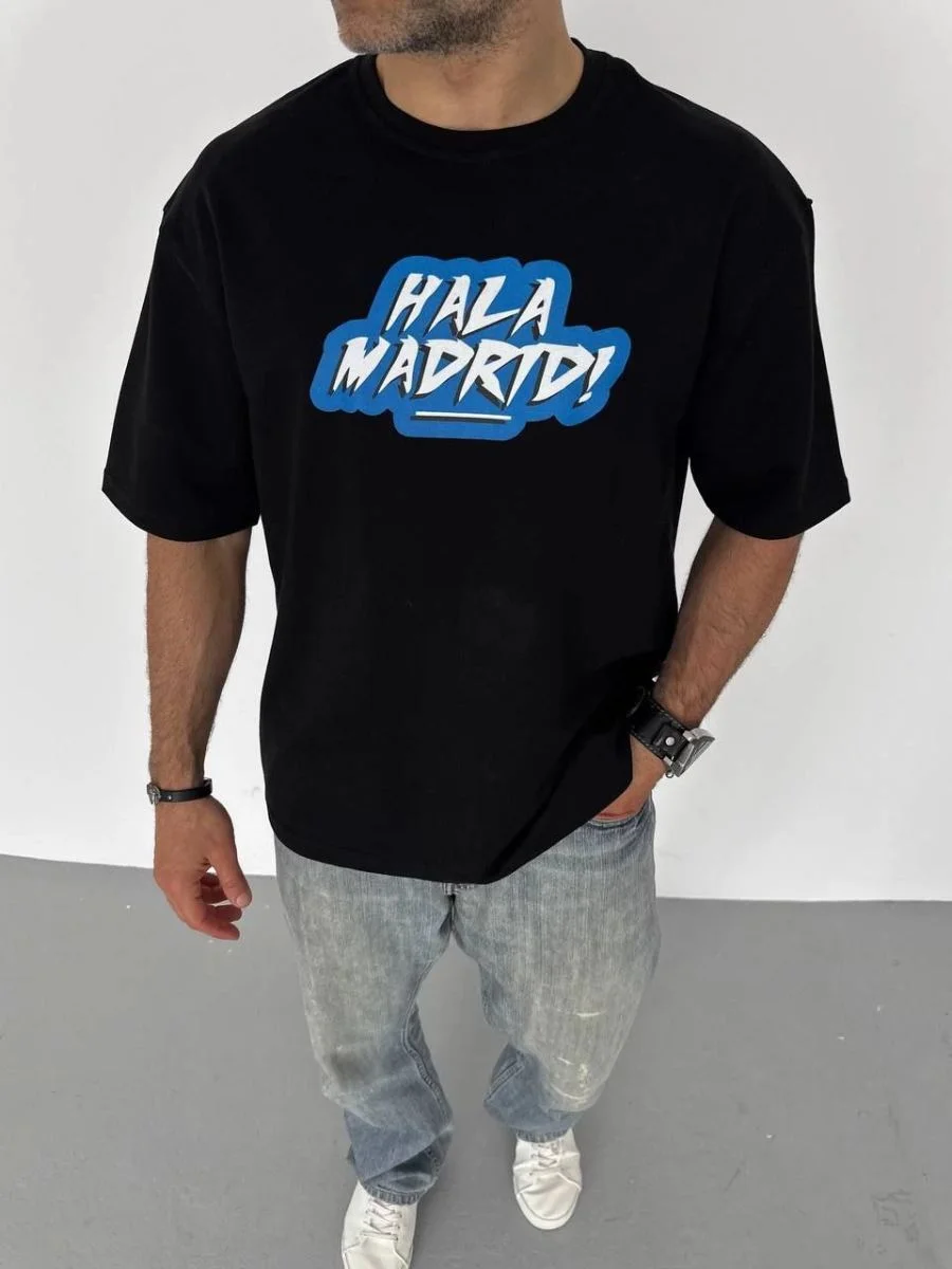 ERKEK Tişört Bisiklet Yaka Baskılı Oversize T-Shirt - Siyah