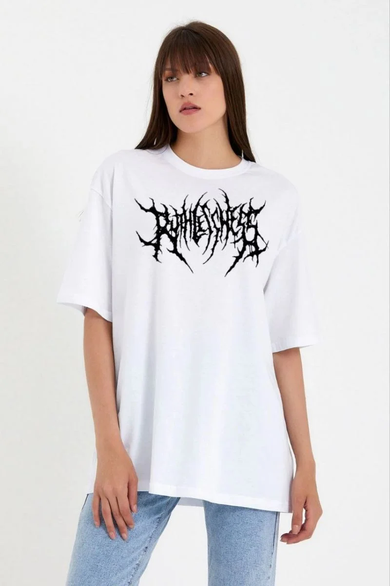 Kadın Baskılı T-Shirt Kısa Kol Bisiklet Yaka Oversize Rahat Kalıp Günlük Tişört   - Beyaz