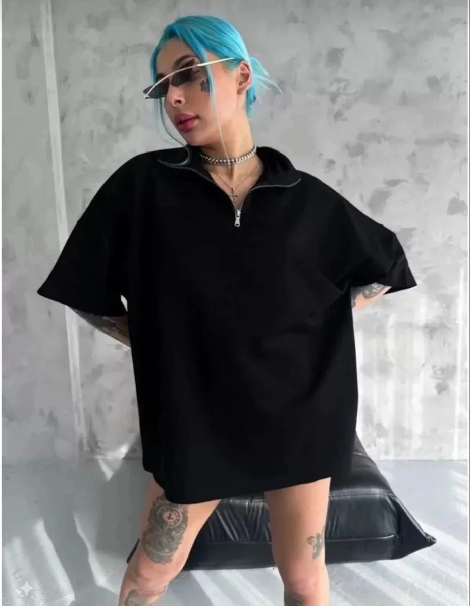 Kadın Yarım Fermuarlı Tişört Düz Oversize T-Shirt - Siyah
