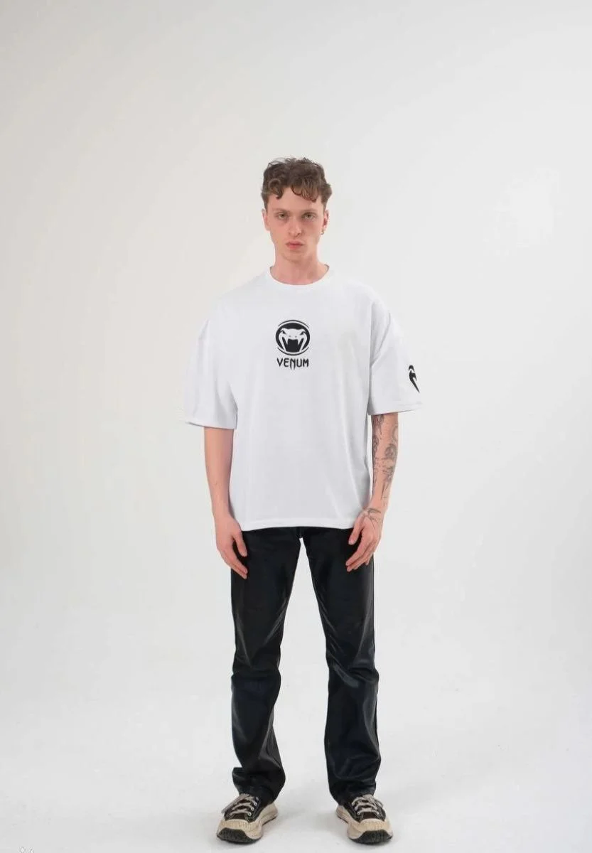 Erkek Kısa Kol Tişört Göğüs ve Kol Bisiklet Yaka Baskılı T-Shirt - Beyaz