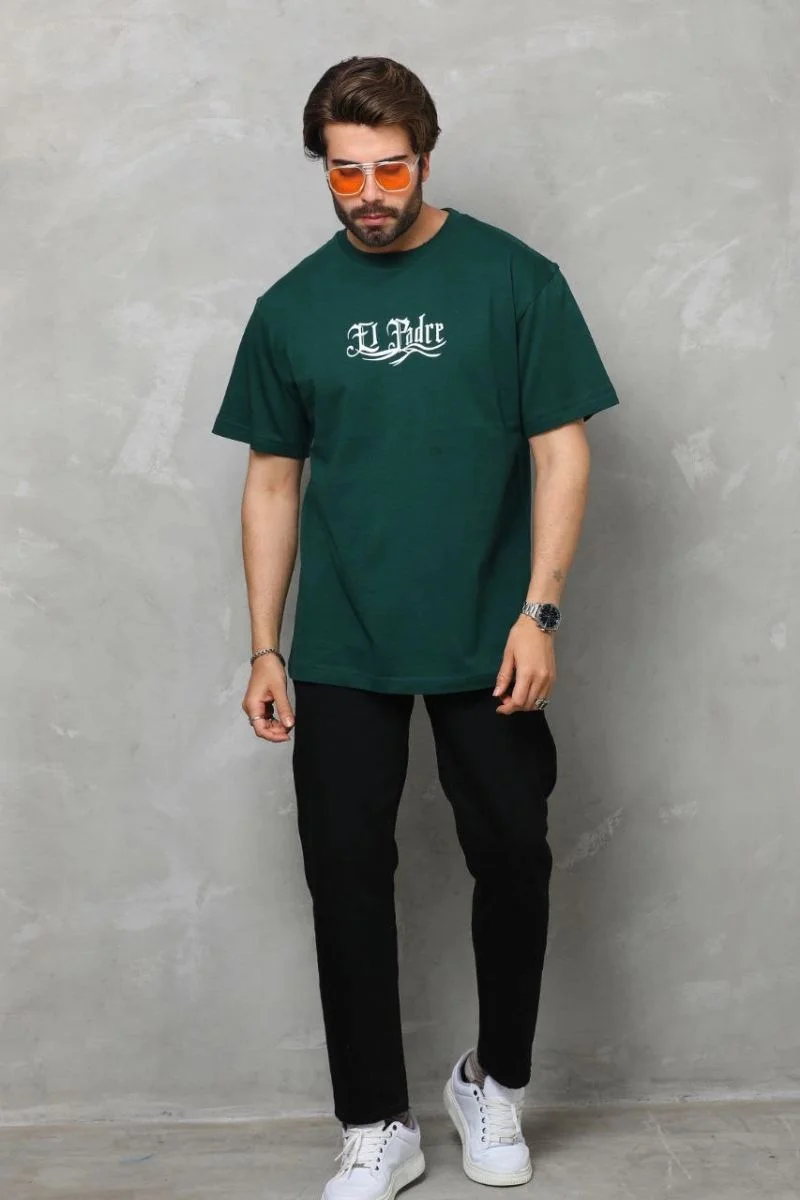 Erkek Kısa Kol Yazlık Tişört Bisiklet Yaka Baskılı Oversize T-Shirt - Yeşil