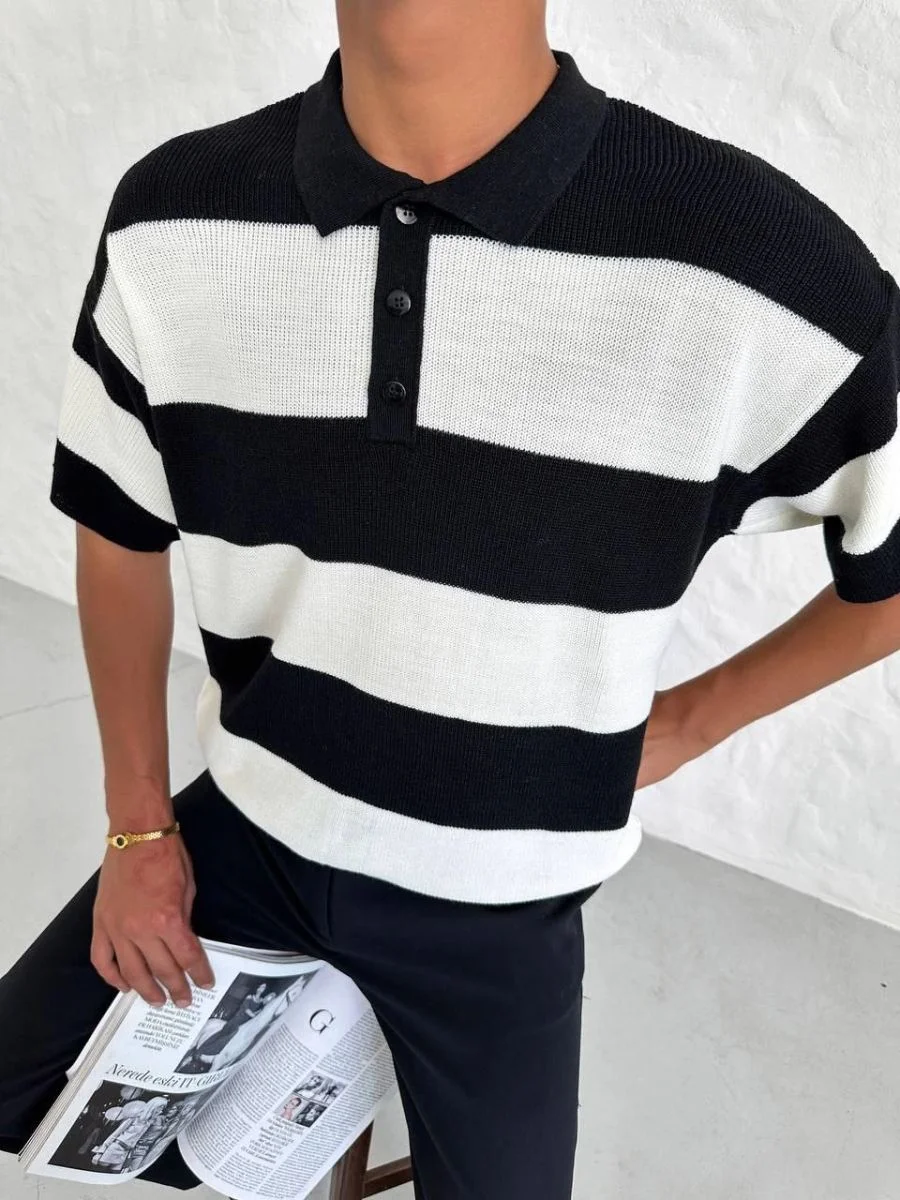 Erkek Polo Yaka Düğmeli Triko T-Shirt - Siyah