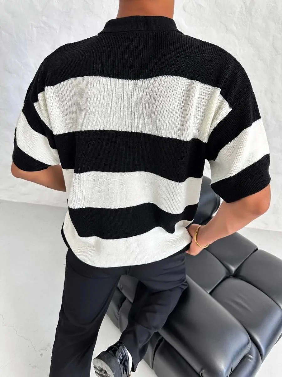 Erkek Polo Yaka Düğmeli Triko T-Shirt - Siyah