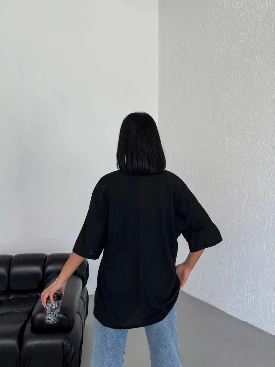 Kadın Düz T-Shirt Kısa Kol Bisiklet Yaka Oversize Tişört - Siyah
