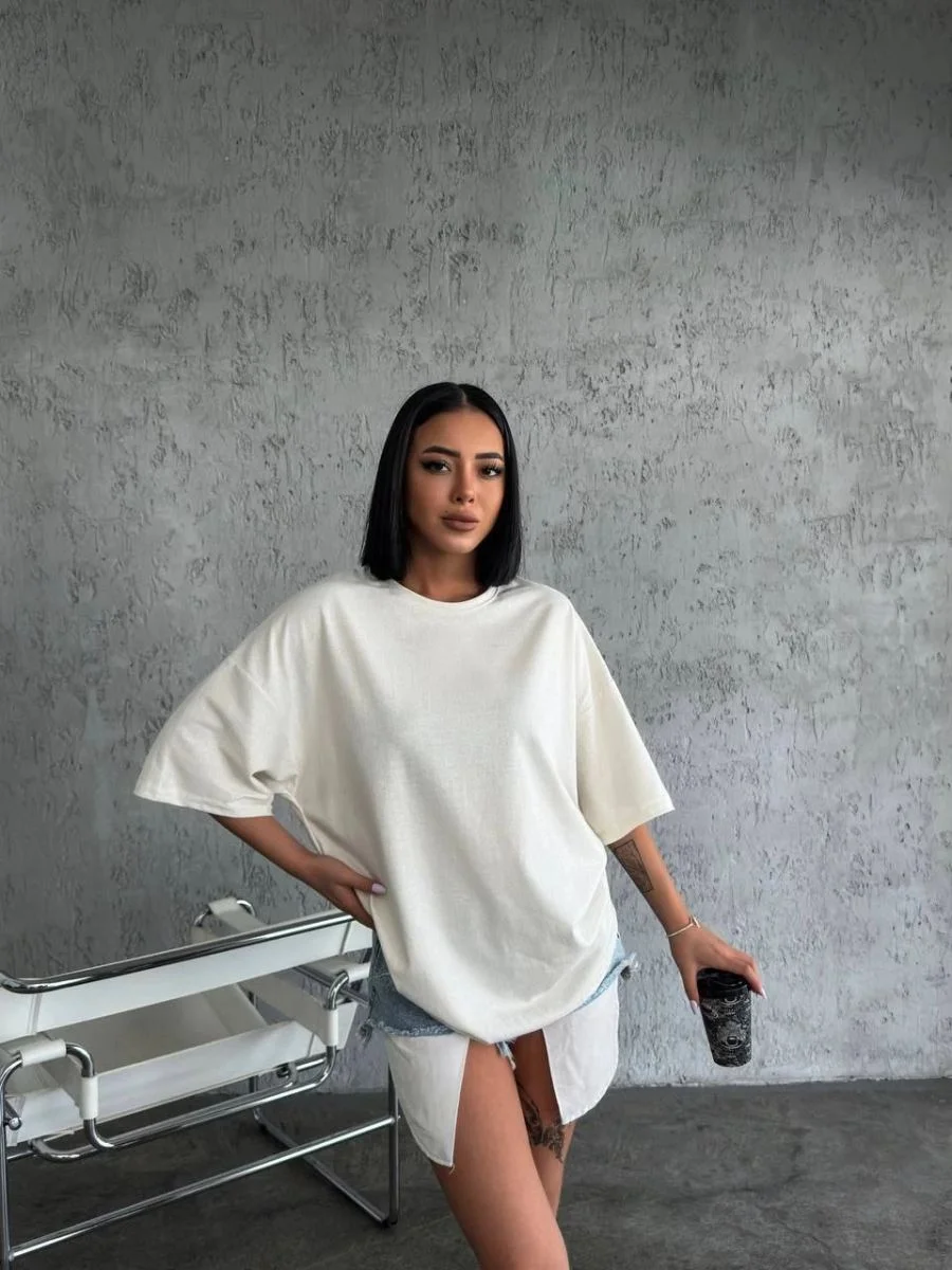 Kadın Düz T-Shirt Kısa Kol Bisiklet Yaka Oversize Rahat Kalıp Günlük Tişört - Beyaz