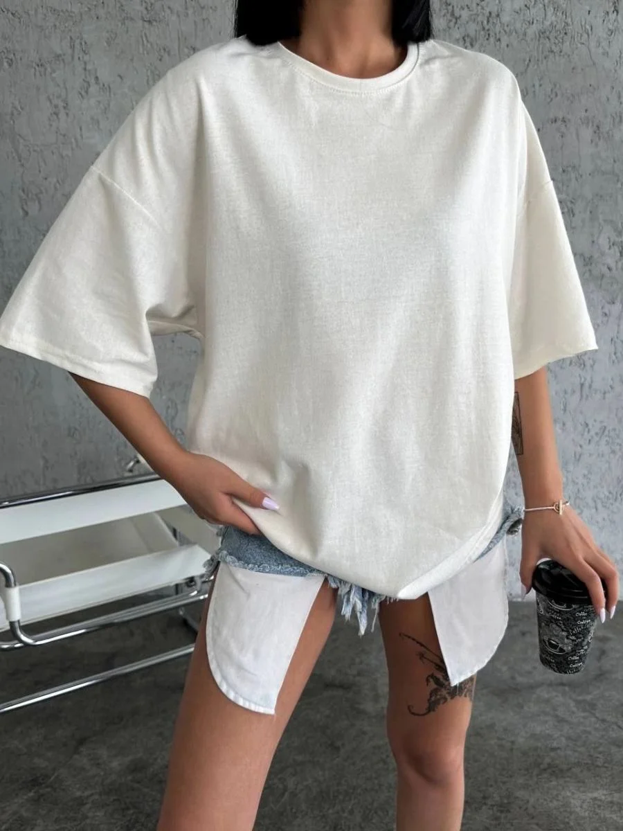 Kadın Düz T-Shirt Kısa Kol Bisiklet Yaka Oversize Rahat Kalıp Günlük Tişört - Beyaz