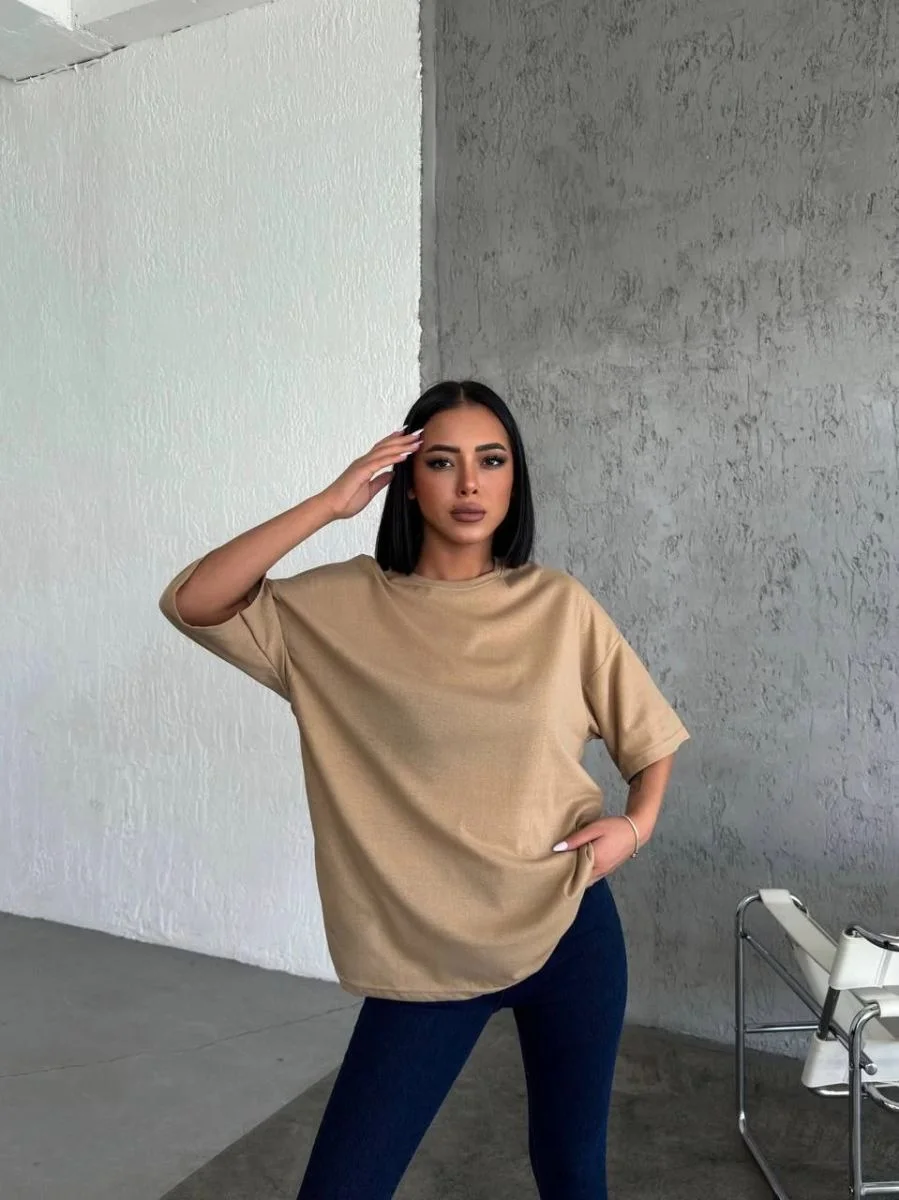 Kadın Düz T-Shirt Kısa Kol Bisiklet Yaka Oversize Rahat Kalıp Günlük Tişört - Bej