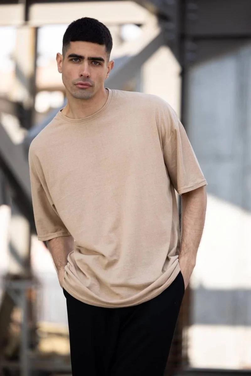 Erkek Düz T-Shirt Kısa Kol Bisiklet Yaka Regular Fit Rahat Kalıp Günlük Tişört - Bej