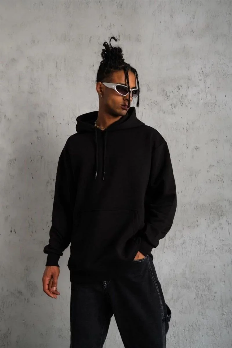 Erkek 3 İplik Pamuklu Kapüşonlu Cepli Düz Oversize Hoodie Sweatshirt - Siyah