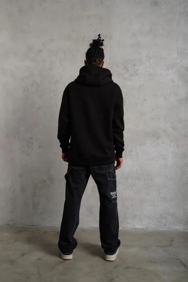 Erkek 3 İplik Pamuklu Kapüşonlu Cepli Düz Oversize Hoodie Sweatshirt - Siyah