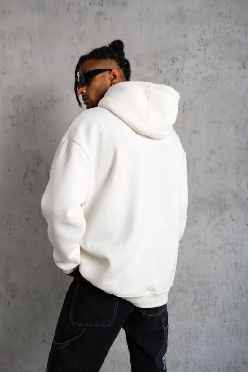 Erkek 3 İplik Pamuklu Kapüşonlu Cepli Düz Oversize Hoodie Sweatshirt - Beyaz