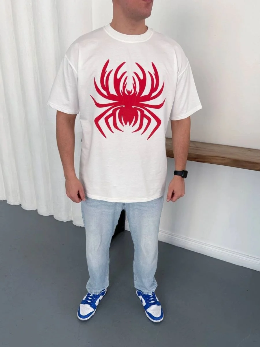 Erkek Örümcek Baskılı Tişört Kısa Kollu Bisiklet Yaka T-Shirt - Beyaz
