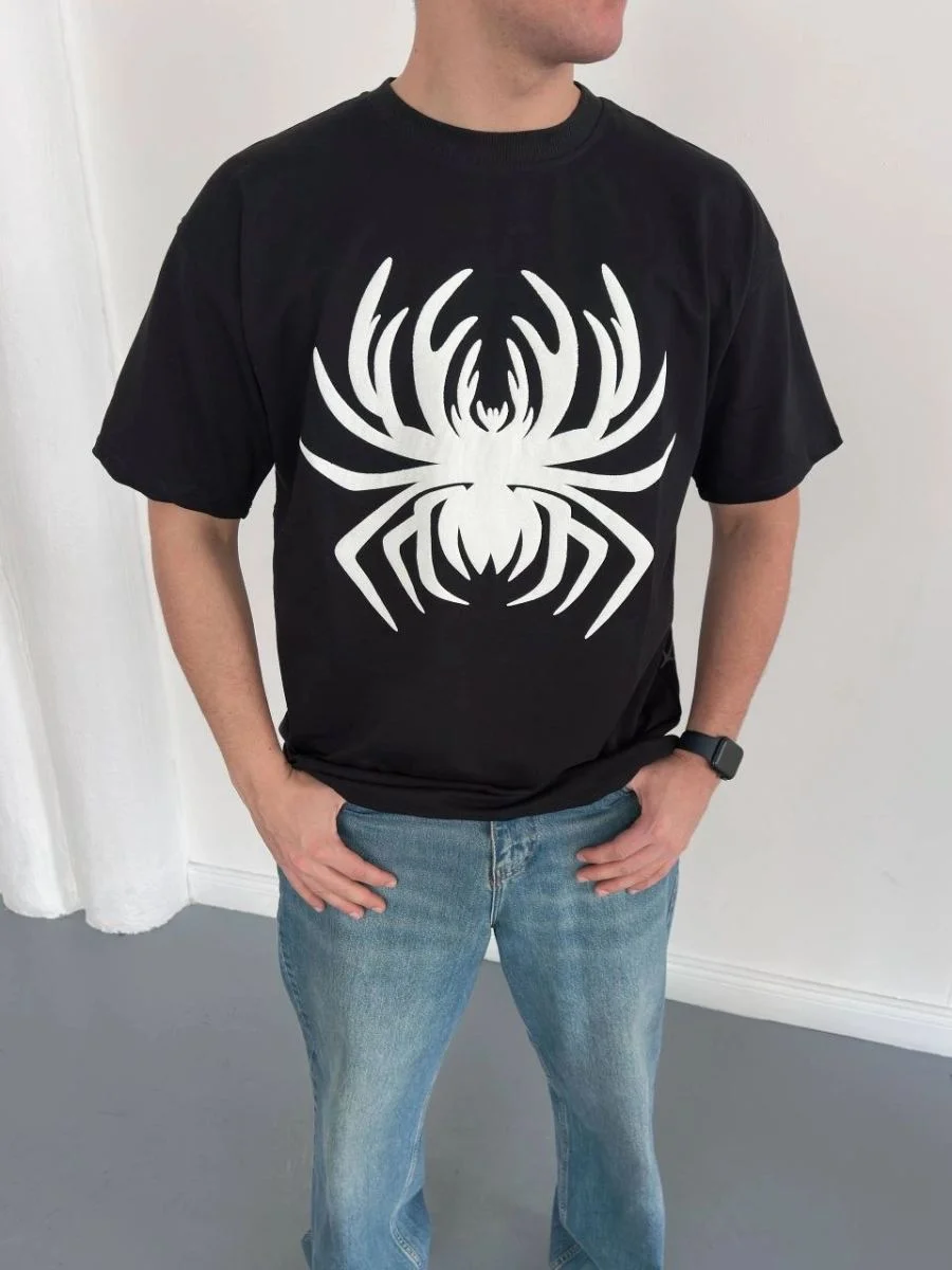 Erkek Örümcek Baskılı Tişört Kısa Kollu Bisiklet Yaka T-Shirt - Siyah