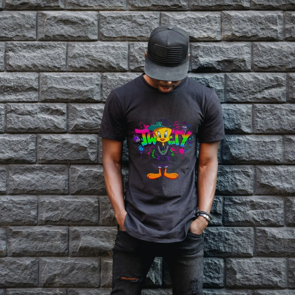 Tweety Graffiti Baskılı Unisex Siyah Oversize Tişört - 24/1 Penye