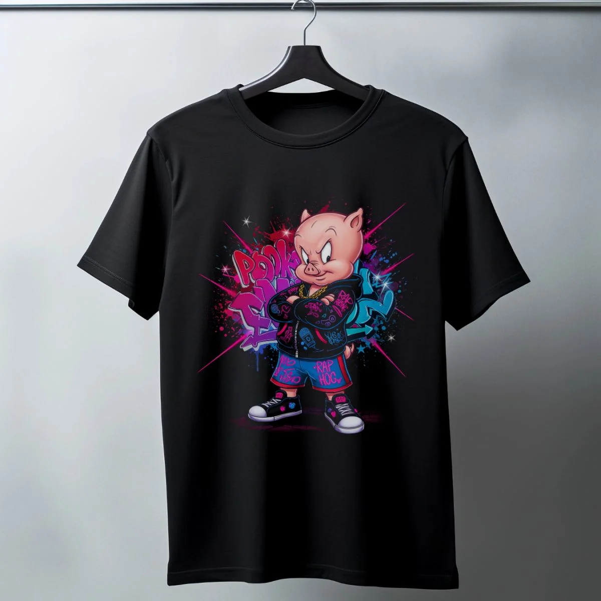 Porky Pig Graffiti Baskılı Unisex Siyah Oversize Tişört - 24/1 Penye