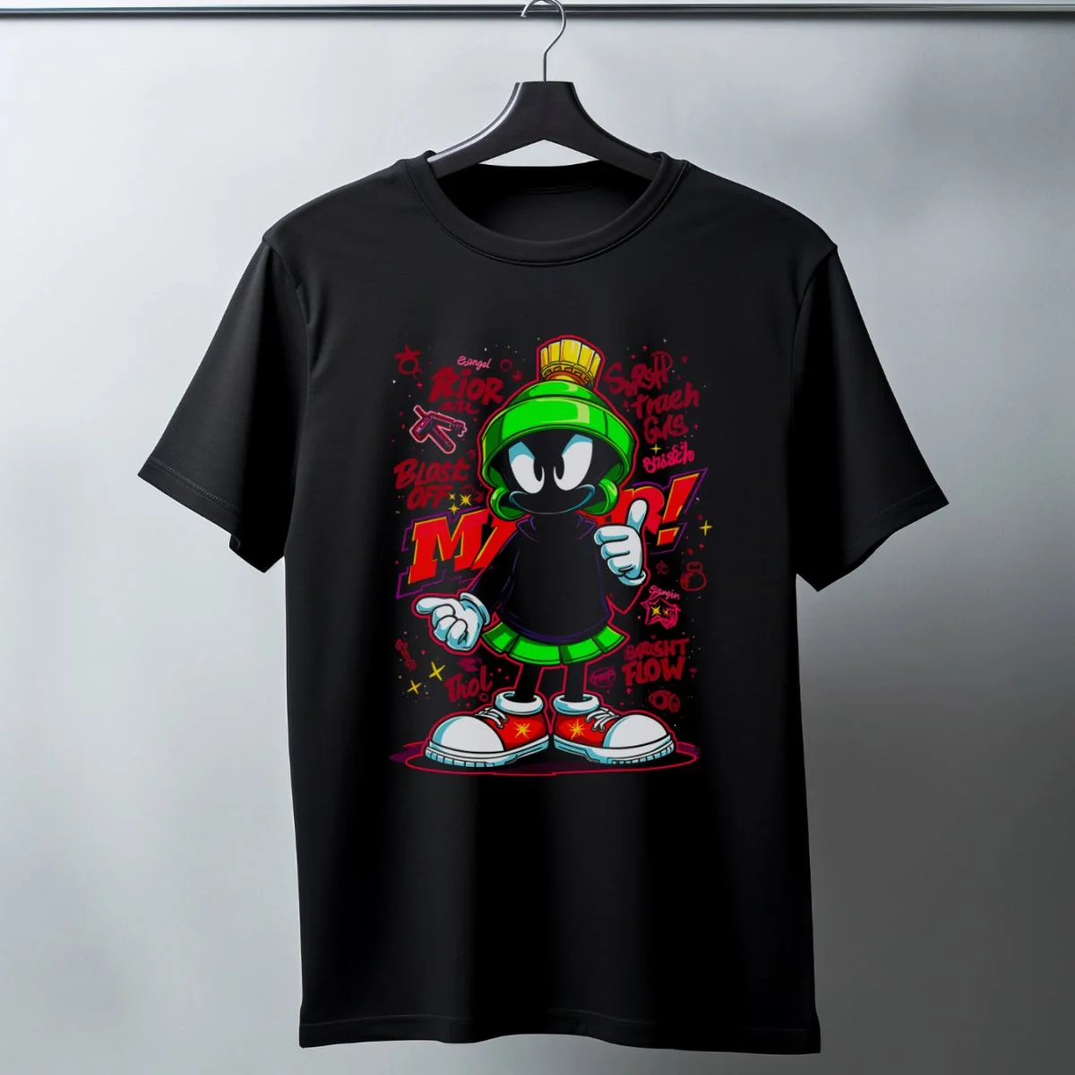 Marvin the Martian Graffiti Baskılı Unisex Siyah Tişört - 24/1 Penye Pamuklu