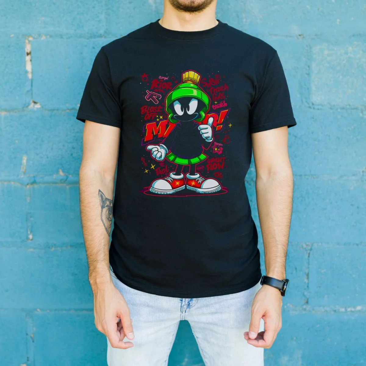 Marvin the Martian Graffiti Baskılı Unisex Siyah Tişört - 24/1 Penye Pamuklu