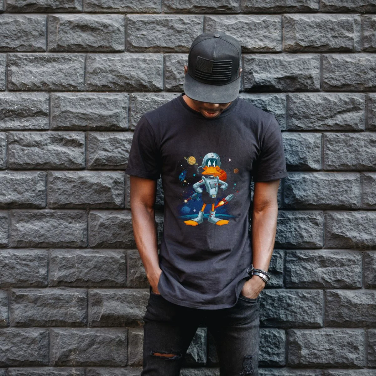 Duck Dodgers Uzay Baskılı Unisex Siyah Oversize Tişört - 24/1 Penye