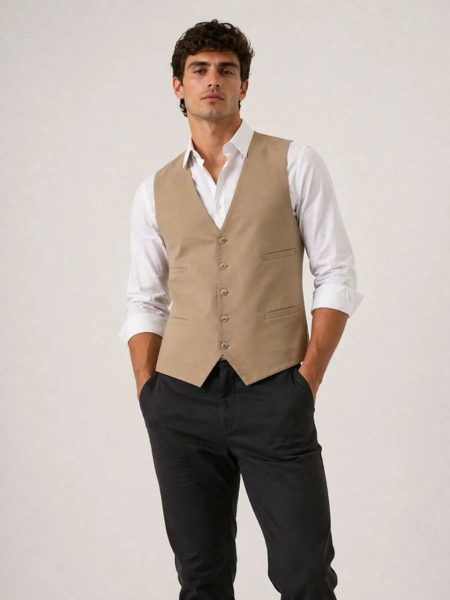 Erkek 6 Cepli Yelek İç Astarlı Sağ Sol İç Cepli Slim Fit Günlük Şık - Bej