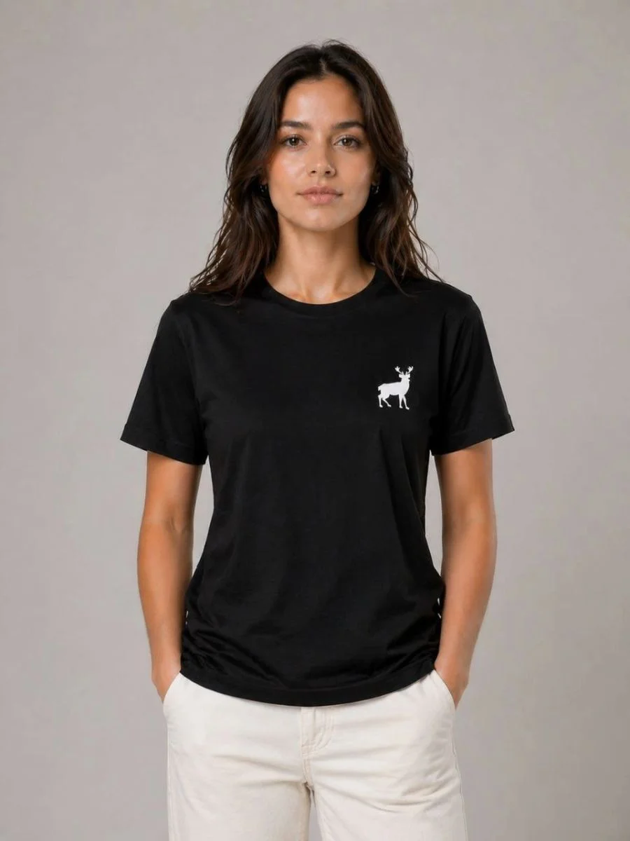 Kadın Minimal Geyik Logolu Tişört Bisiklet Yaka Kısa kol Yazlık T-Shirt - Siyah