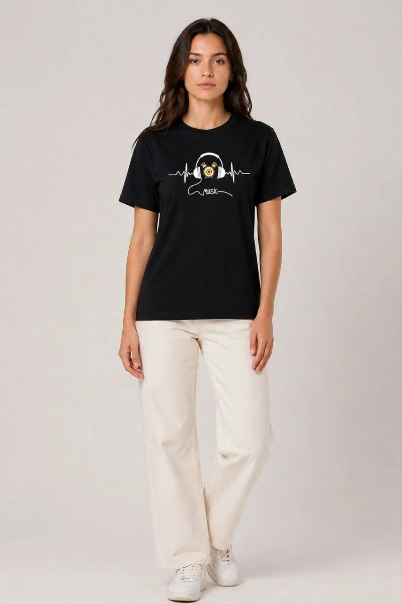 Kadın Müzik Temalı Baskılı Tişört Bisiklet Yaka Kısa Kol T-Shirt - Siyah
