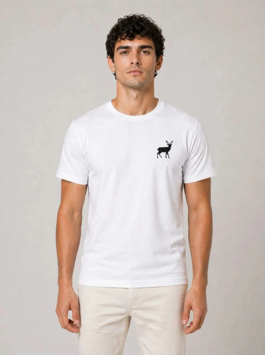 Erkek Minimal Geyik Logolu Tişört Bisiklet Yaka Kısa kol Yazlık T-Shirt - Beyaz