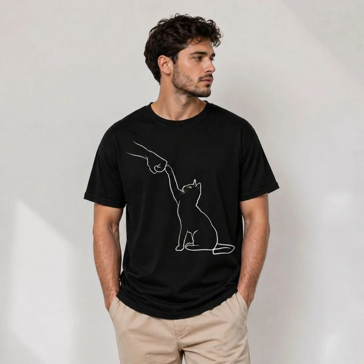 Erkek Minimal Kedi Çizim Baskılı Tişört Kısa Kol Yazlık T-Shirt - Siyah