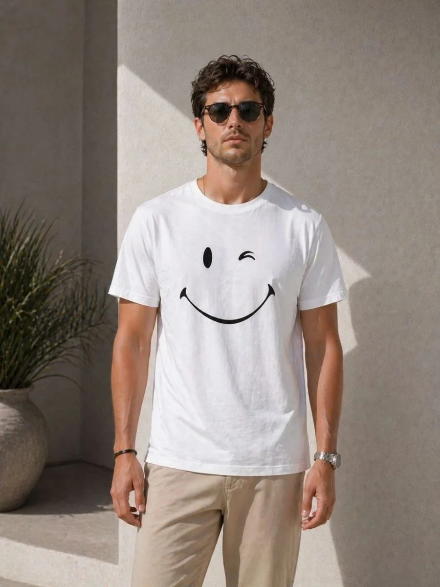 Erkek Minimal Gülümseyen Yüz Baskılı Tişört Kısa Kol Yazlık T-Shirt - Beyaz