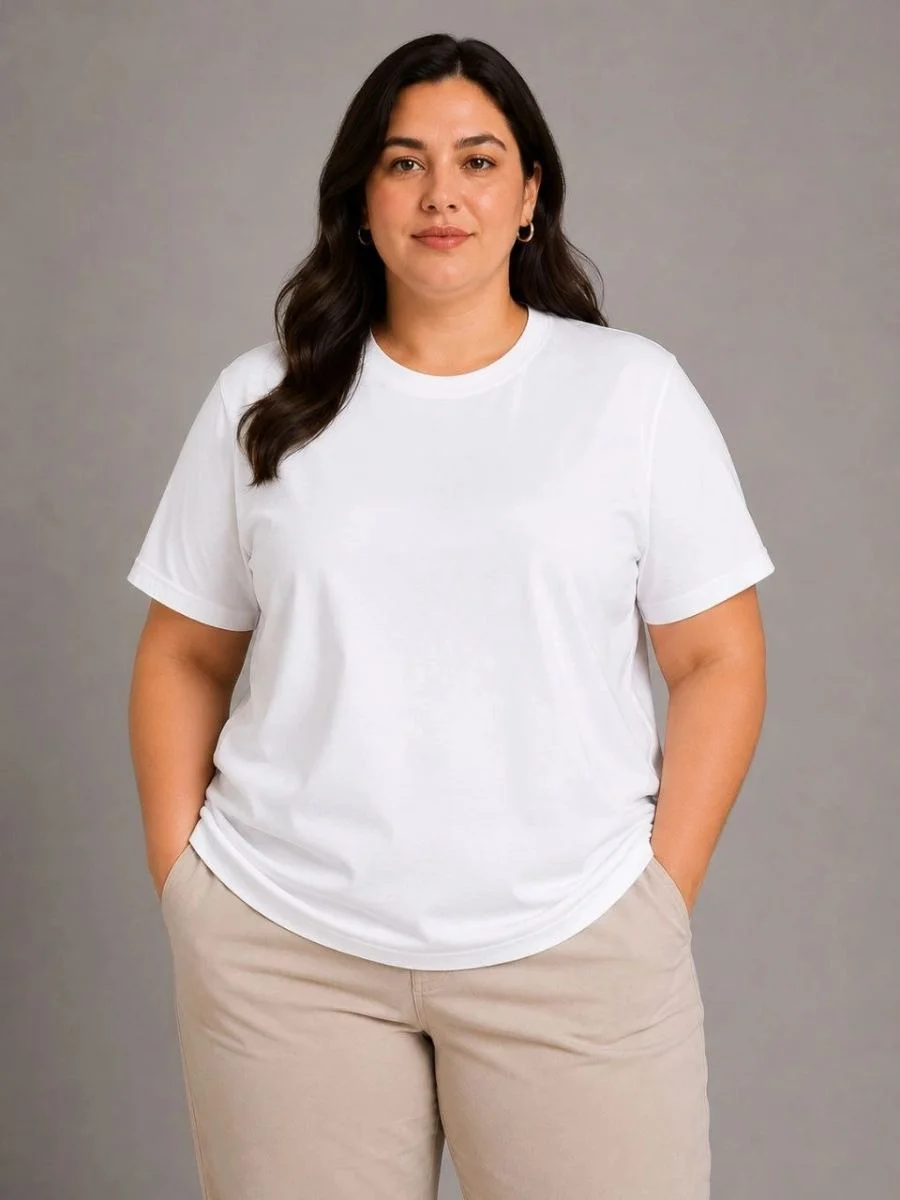 Kadın Battal Big Size Basic Tişört Bisiklet Yaka Rahat Kalıp T-Shirt - Beyaz