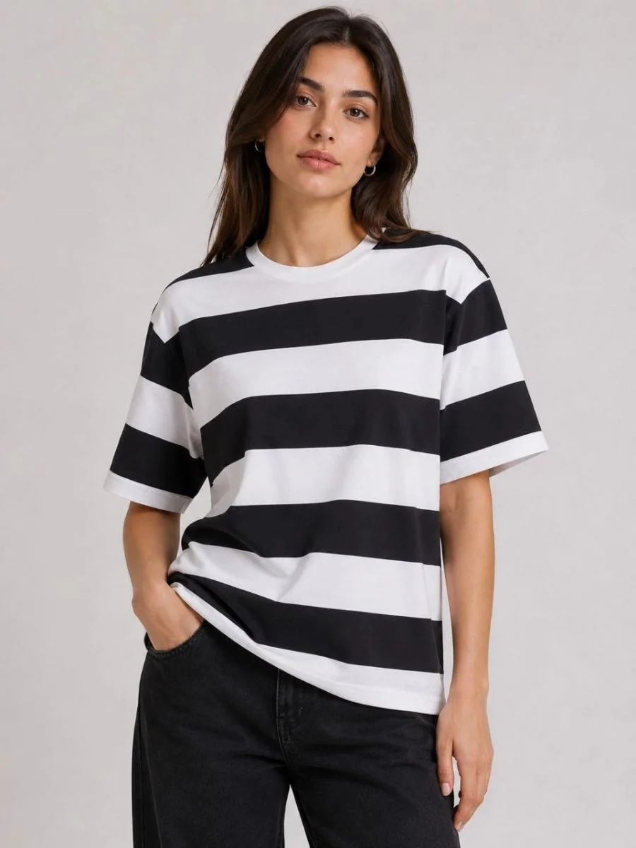 Kadın Çizgili Oversize Tişört Bisiklet Yaka Kısa Kol Yazlık T-Shirt - Siyah