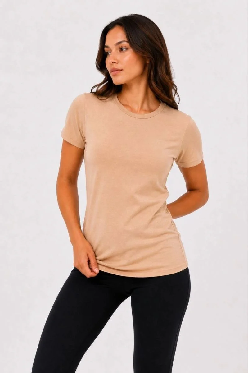 Kadın Basic Tişört Bisiklet Yaka Kısa Kol Günlük Yazlık Slim fit T-Shirt - Bej