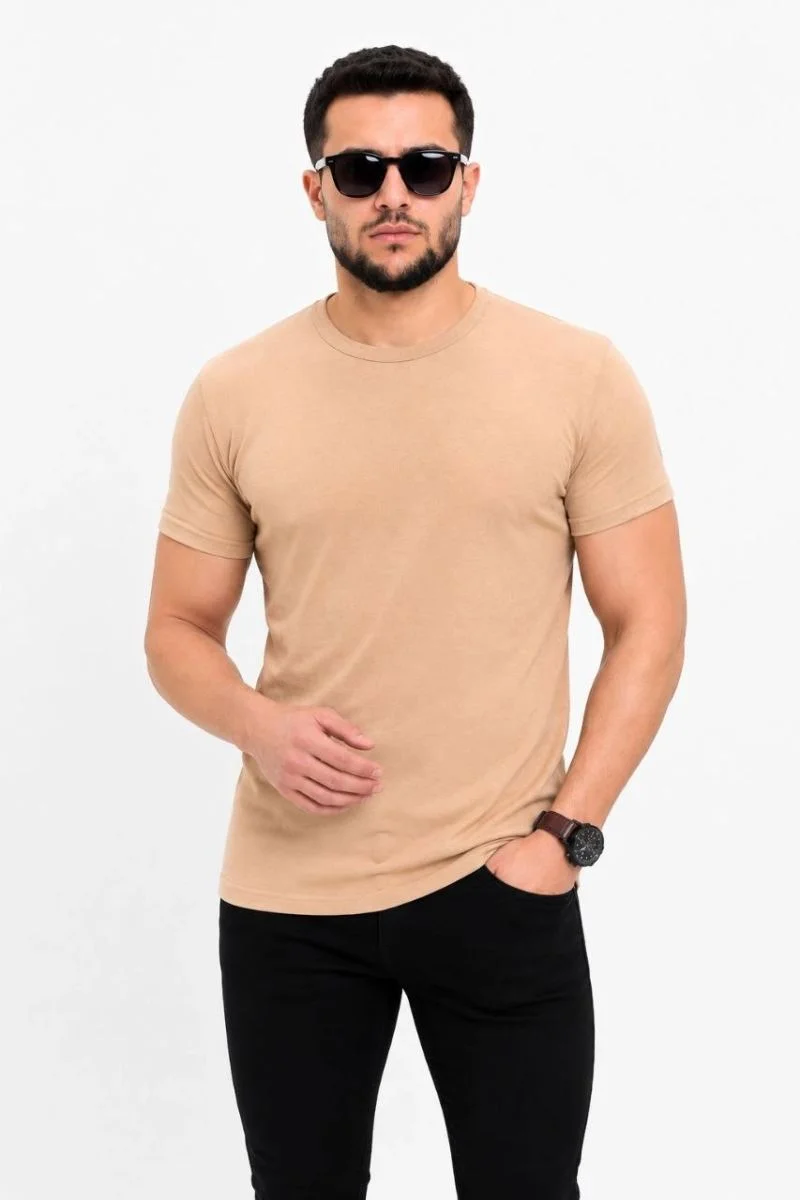 Erkek Basic Tişört Bisiklet Yaka Kısa Kol Günlük Yazlık Slim fit T-Shirt - Bej