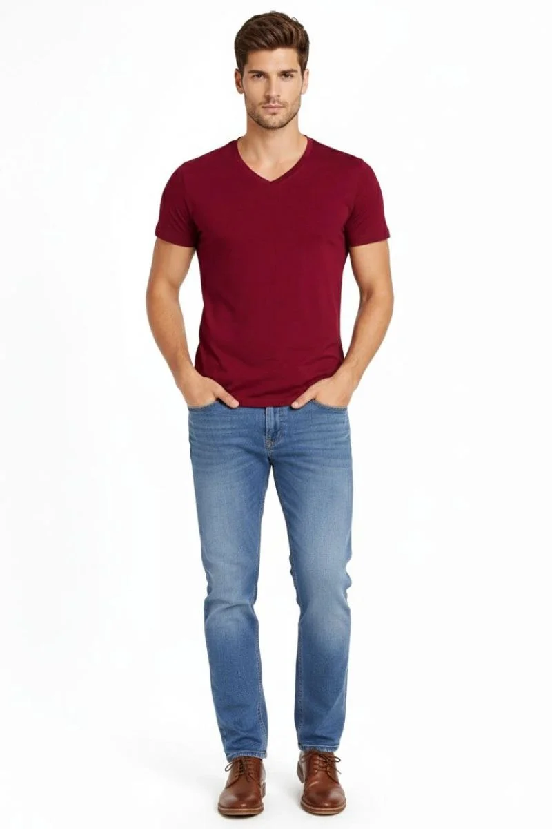 Erkek Body T-shirt V Yaka Slim Fit Likralı Kısa kol Tişört - Bordo