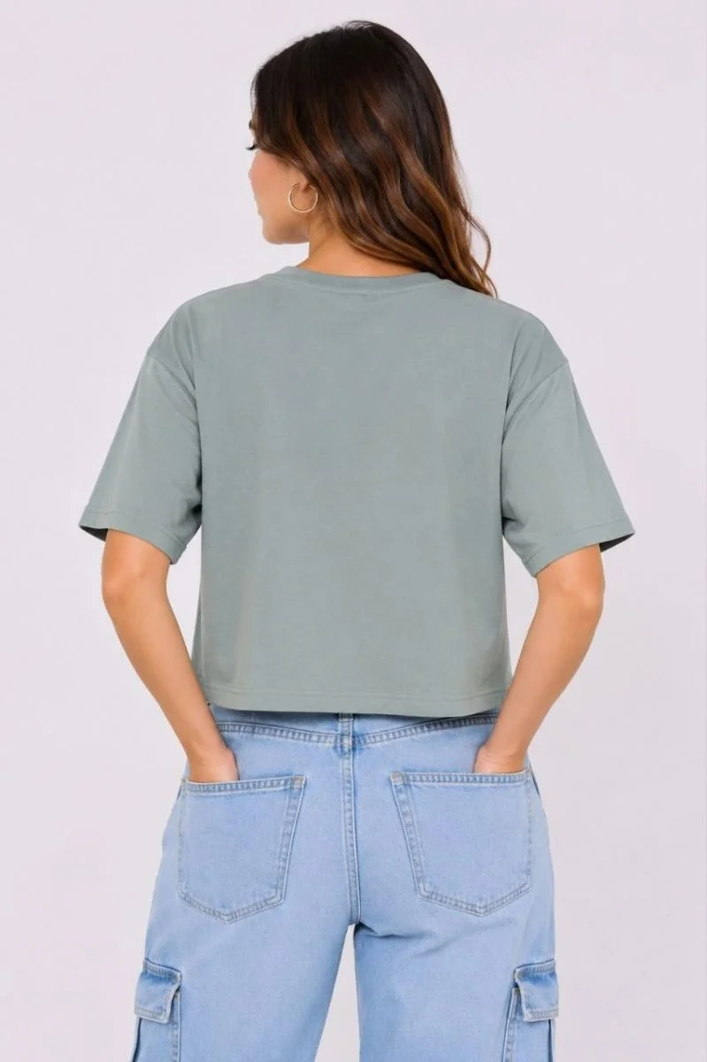 Kadın Kedi Baskılı Oversize Crop Tişört Salaş Basic Yarım Kol T-shirt - Mint Yeşili