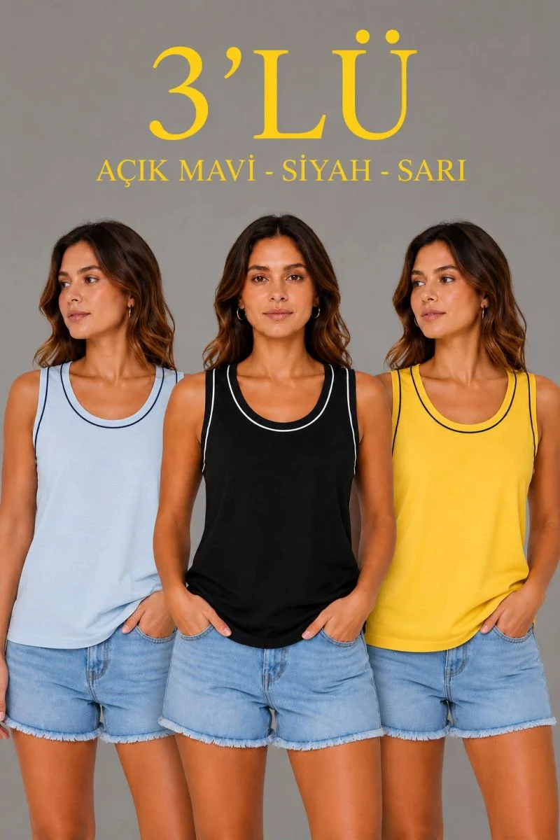 Kadın 3’lü Kolsuz Sporcu Atlet Seti Yazlık Bisiklet Yakalı - Sarı, Siyah, Bebe Mavisi
