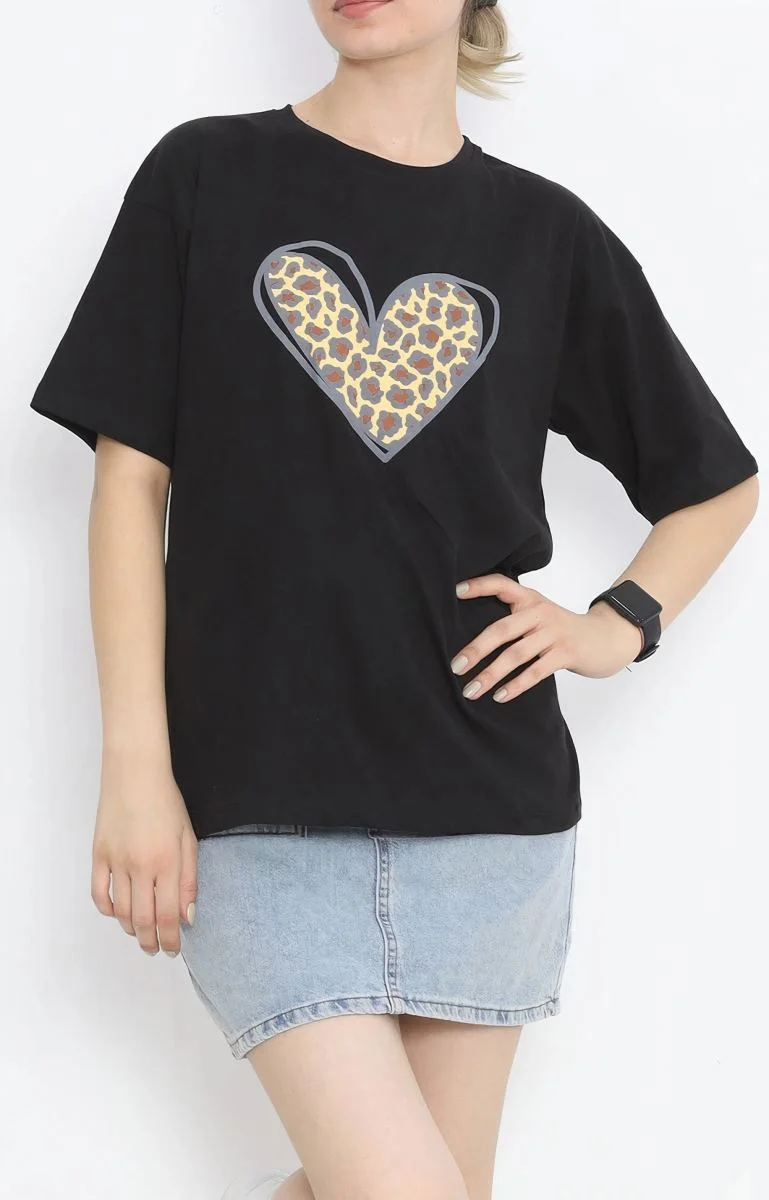 14 Şubat Sevgililer Günü Leopar Kalp Baskılı Oversize Bisiklet Yaka T-shirt - Siyah