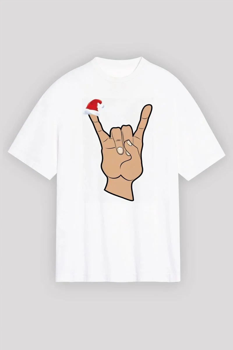 Yılbaşı Noel Başlıklı Serçe Parmak Baskılı Oversize Bisiklet Yaka T-shirt - Beyaz