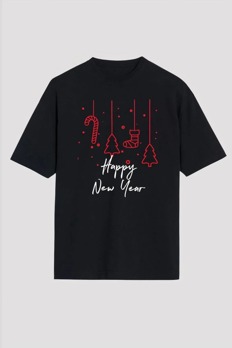 Yılbaşı Happy New Year Baskılı Kısa Kollu Oversize Bisiklet Yaka T-shirt - Siyah