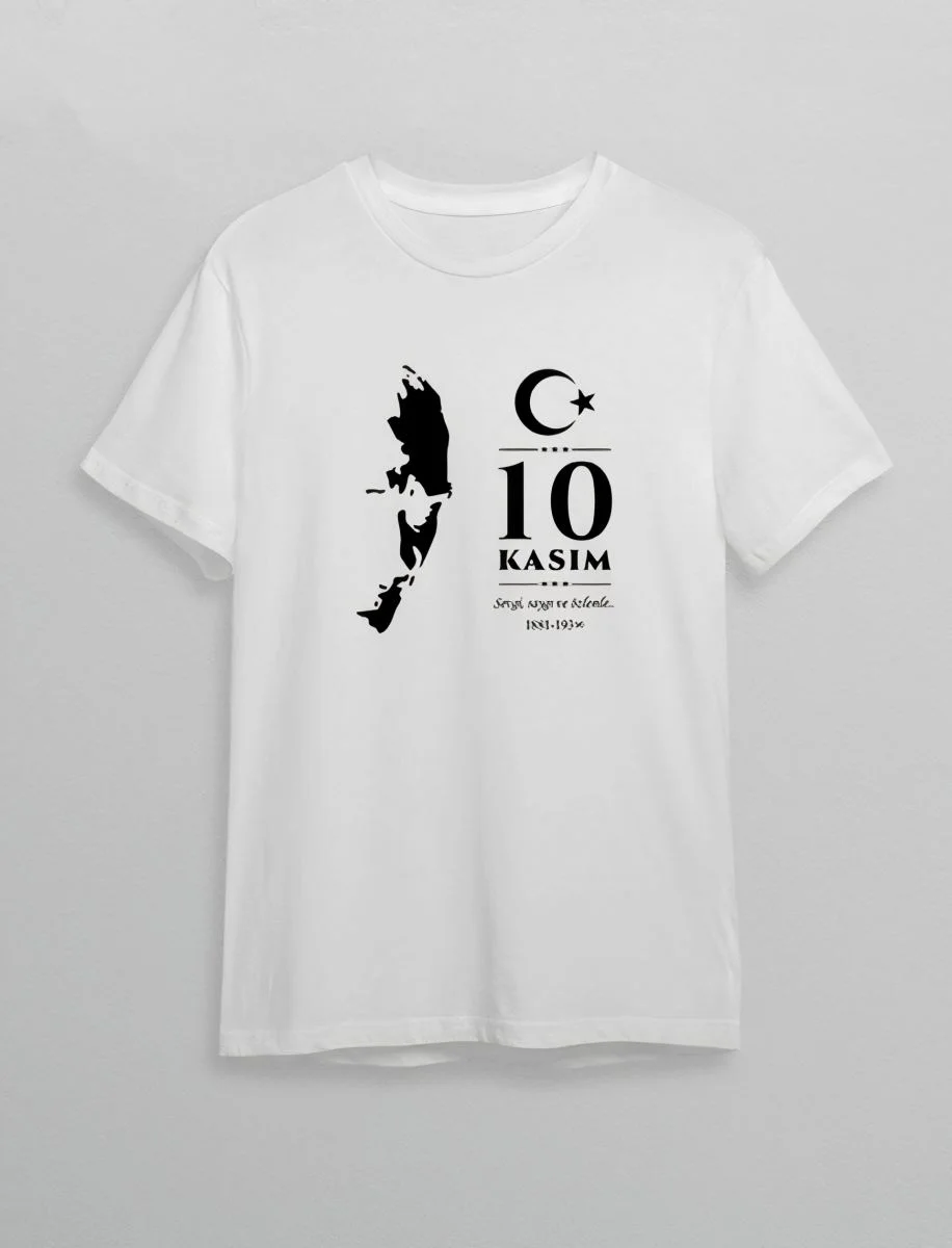 10 Kasım Atatürk Anma Günü Silüet Baskılı Oversize Bisiklet Yaka T-shirt - Beyaz