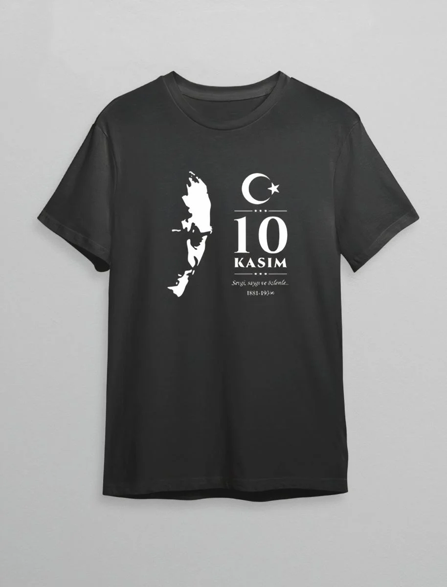 10 Kasım Atatürk Anma Günü Silüet Baskılı Oversize Bisiklet Yaka T-shirt - Siyah