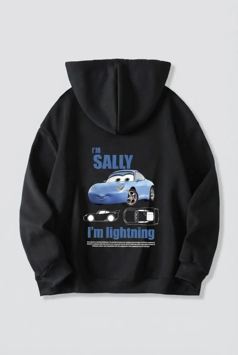 Sevgililer Günü Araba Temalı Baskılı Oversize Kapüşonlu Sweatshirt Hoodie - Siyah