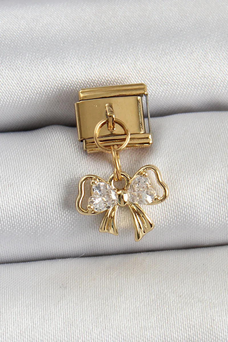 316L Çelik Sallantılı Zirkon Taşlı Fiyonk Model Gold Renk Nomination Charm