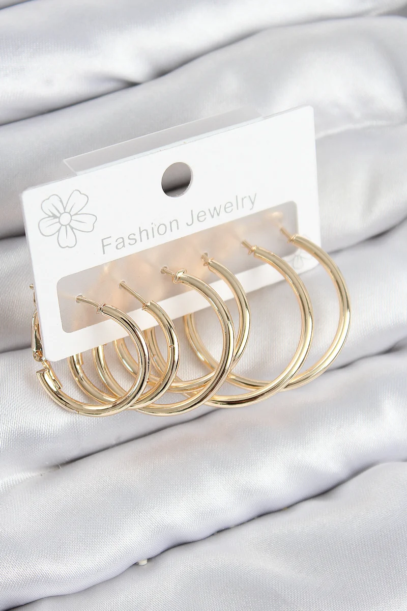 Pirinç Halka Model Gold Renk Kadın Set Küpe