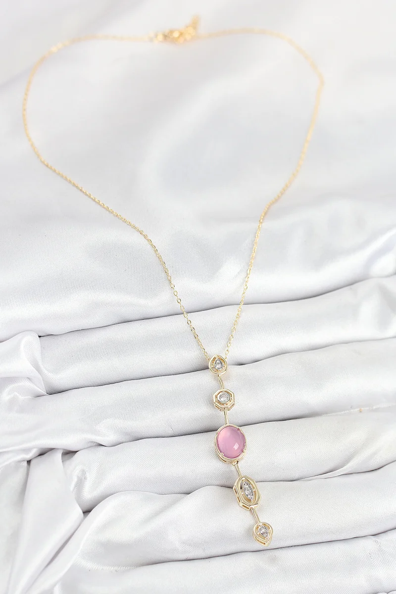 Pirinç Zincir Pembe Gold Renk Zirkon Taşlı Y Kolye