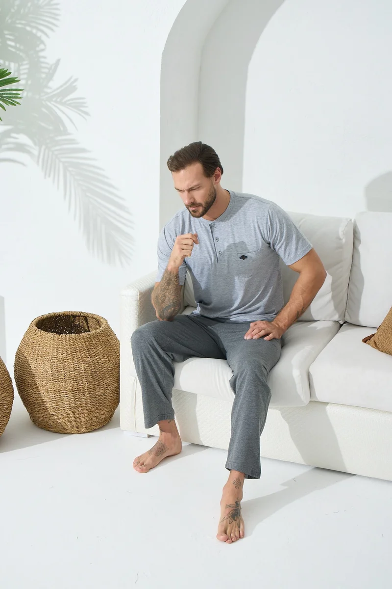 9514 Erkek  Midi Yaka Kısa Kol Pijama Takım