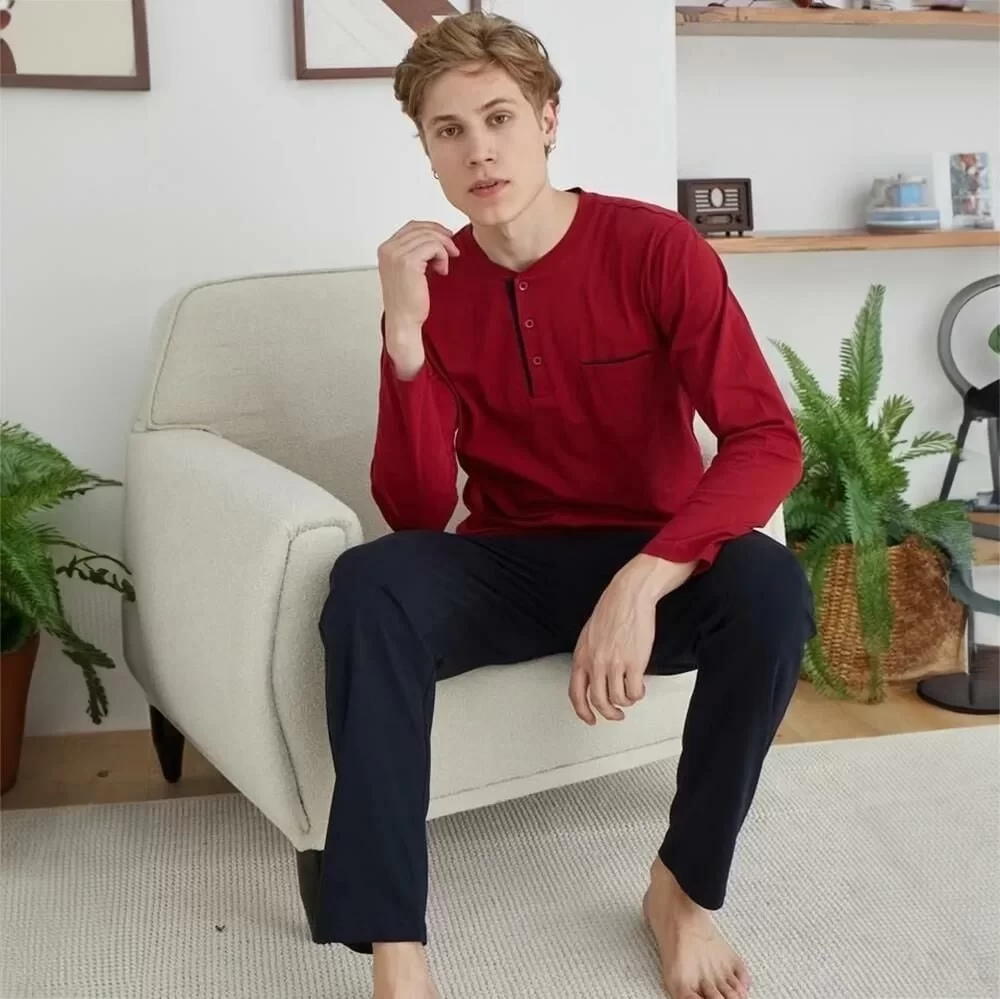 Erkek 9250 Erkek   Midi Yaka Pijama Takımı